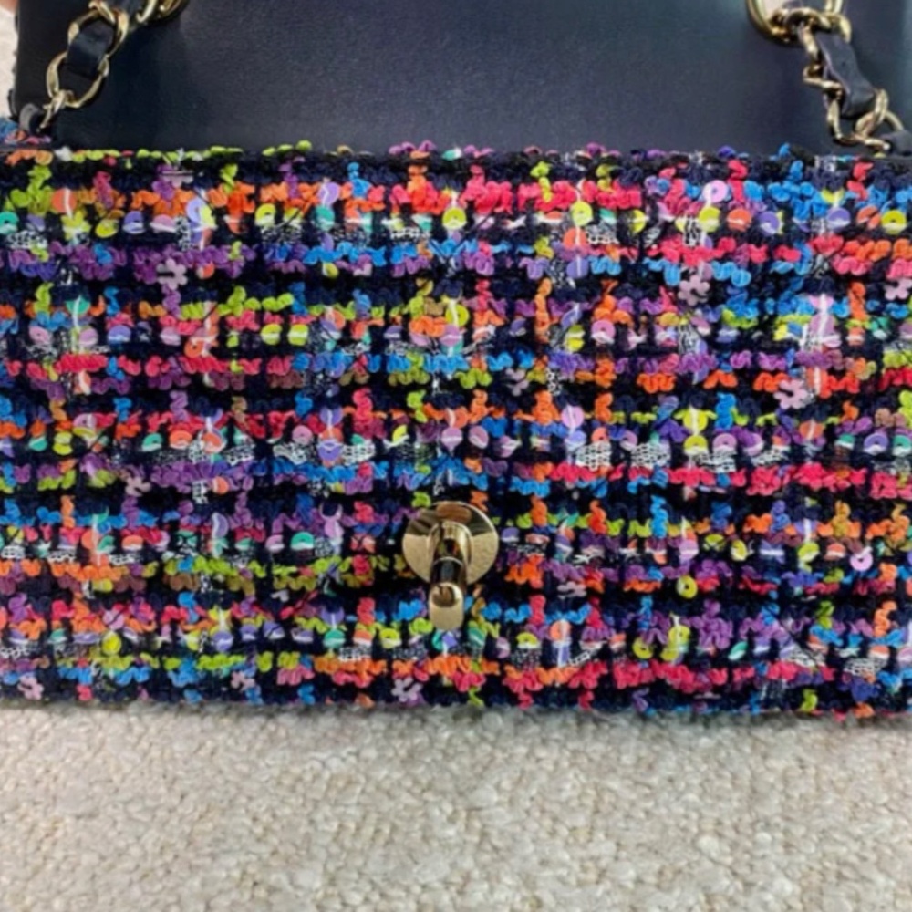 Authentic CHANEL Tweed Quilted Mini Rectangular Flap Navy Blue Multicolour - Picture 11 of 15